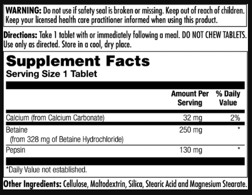 (В транзите) Betaine HCl Plus 250mg - 100 tabs